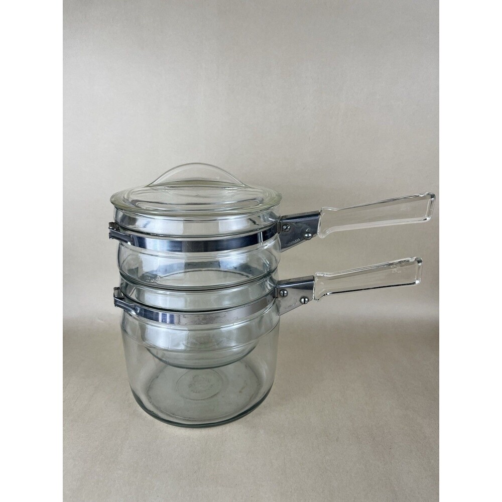 VTG FLAMEWARE PYREX GLASS DOUBLE BOILER 1.5 Qt #6283 Complete 3 Piece Set